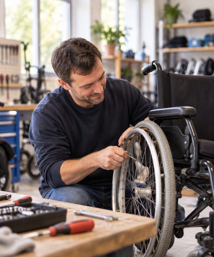 Un technicien resserre la roue d’un fauteuil roulant dans un atelier