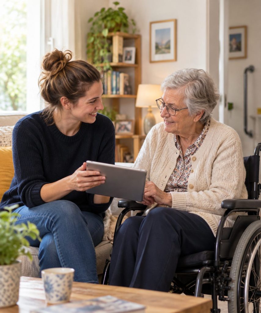 Une ergothérapeute montre une tablette à une dame âgée en fauteuil, dans son salon