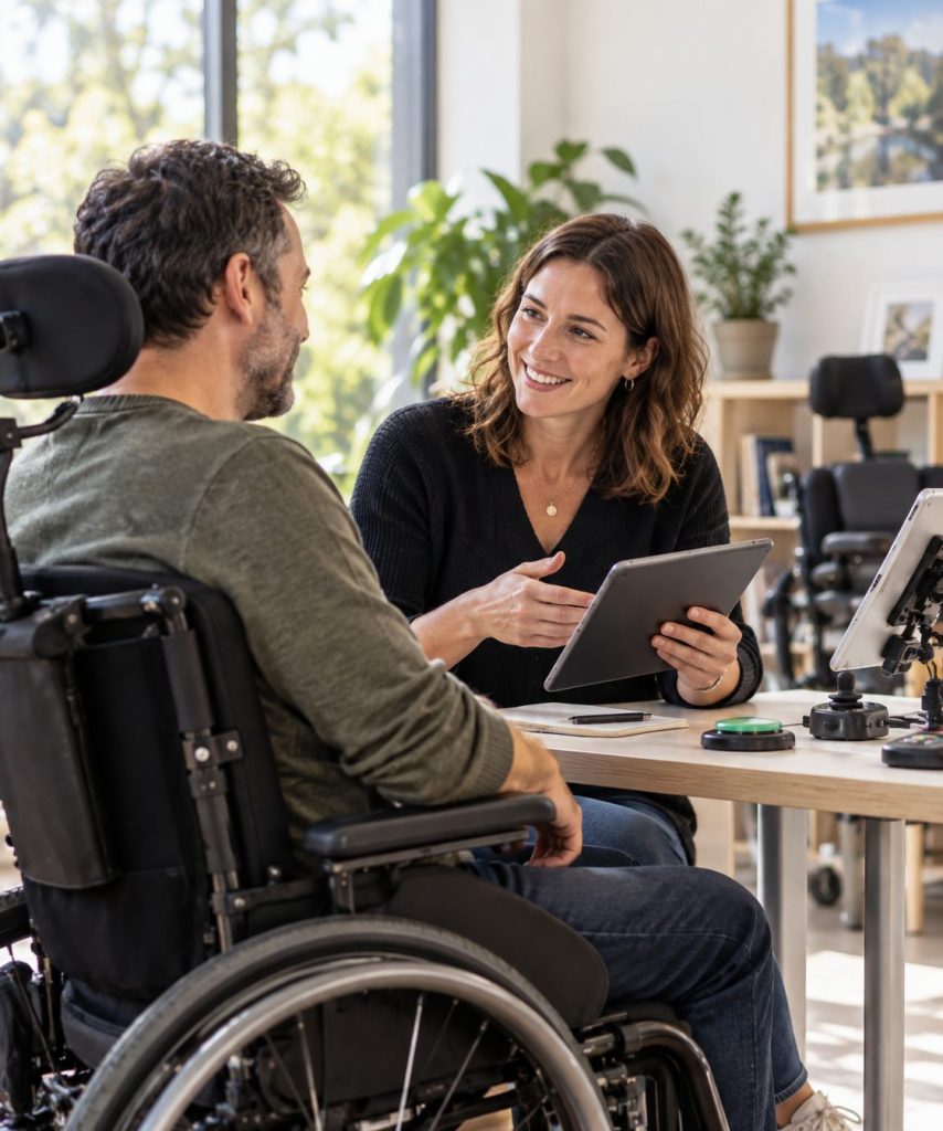 Une conseillère présente une tablette à un homme en fauteuil, commandes adaptées sur la table