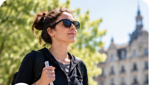 Une femme avec une canne blanche marche dans une rue ensoleillée