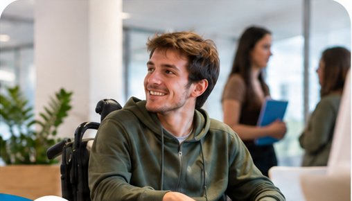 Un jeune homme en fauteuil électrique sourit dans un espace lumineux