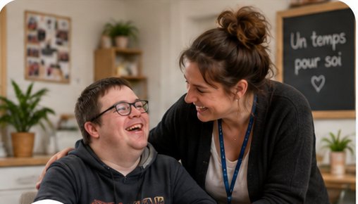 Un jeune homme et une accompagnatrice rient ensemble autour d’une table