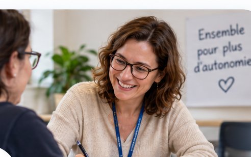 Une femme remplit un formulaire face à une conseillère souriante