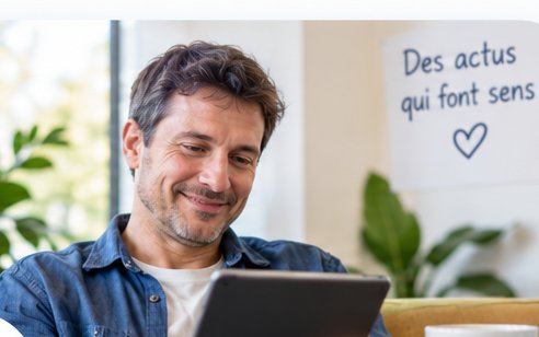 Un homme lit sur une tablette, une tasse à la main