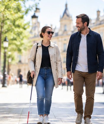 Une femme malvoyante avec une canne blanche marche en ville aux côtés d’un accompagnant