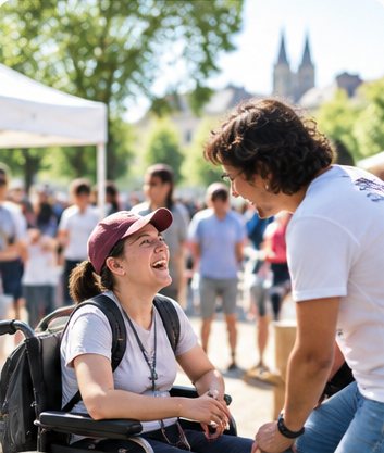 Une jeune femme en fauteuil discute avec un bénévole lors d’un forum en plein air